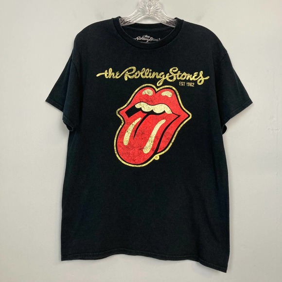 The Rolling Stones Distressed Red Lips Logo Graphic Black T-Shirt Unisex Size M